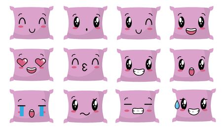 Vector illustration of cute pink pillow character with various expressions suitable for relaxingのイラスト素材