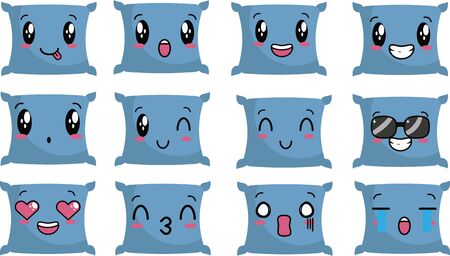 Vector illustration of cute blue pillow character with various expressions suitable for relaxingのイラスト素材