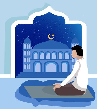 Vector illustration of Muslim Man Pray During Ramadan the Corona Outbreakのイラスト素材