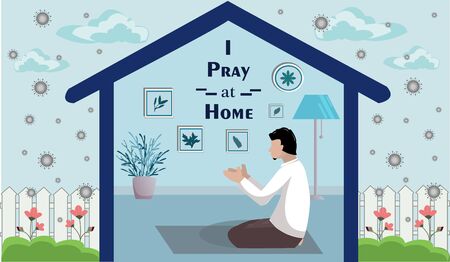 Vector illustration of Muslim man worshiping Ramadan at home during the Corona Outbreak to maintain healthのイラスト素材