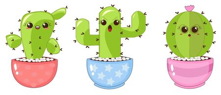 Illustrations Vectors Graphic of Prickly Cactus with Funny Expressions in Colorful Potsのイラスト素材