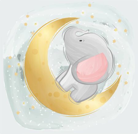 Small Elephant with A Crescent Moon in The Gray Skyのイラスト素材