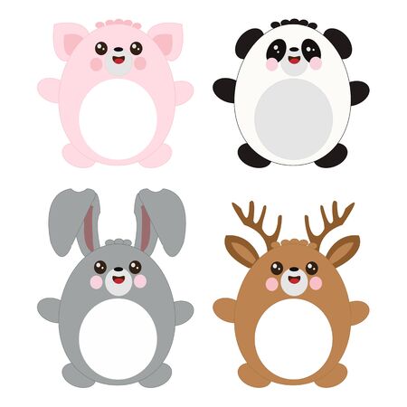 Vector Collection of Cute Hand Drawn Animals. Illustration of Big, Deer. Rabbit and Pandaのイラスト素材