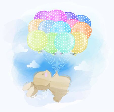 Watercolor of A Little Rabbit Flying Above The Sky Using Balloons のイラスト素材