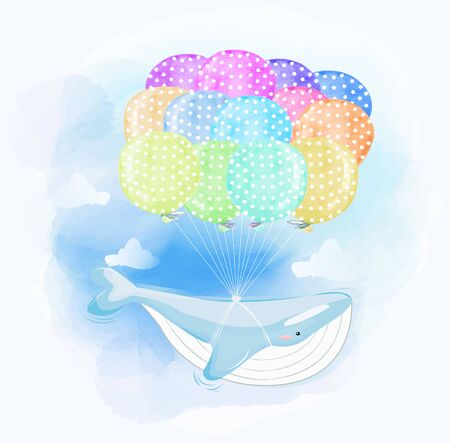 Watercolor of A Whale Flying Above the Sky Using Balloons のイラスト素材