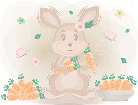 A Rabbits Harvest Lots of Carrots with Butterflies and Flowers Around Itのイラスト素材