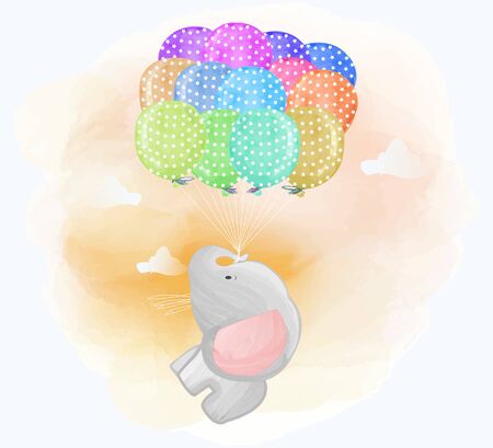 Cute Elephant Fly in The Sky with Colorful Balloonsのイラスト素材