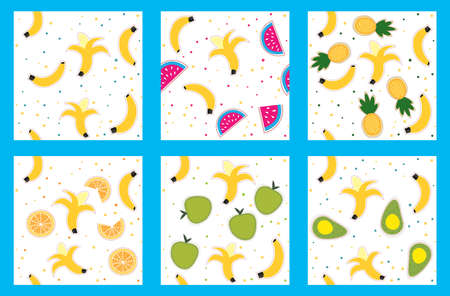 Hello Summer doodle illustration with hand drawn lettering and fruit cartoon characters. Vector...