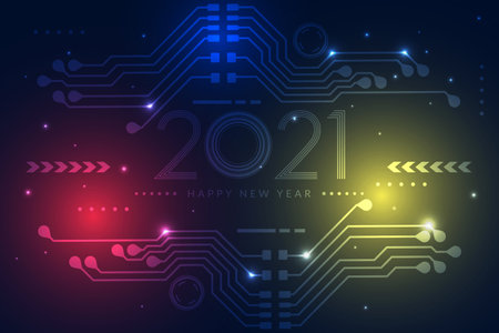 2021. Happy new year 2021 text design with circuit board technology background. Vector illustrationのイラスト素材