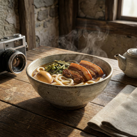 A steaming bowl of pork udon soup sits on a rustic wood table, bathed in warm window light. A vintage camera and teapot complete this cozy, nostalgic still life scene.の素材