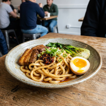 An appetizing bowl of thick noodles with braised pork belly, a jammy soft-boiled egg, and chili oil sits on a rustic wood table, with diners blurred in the background.の素材