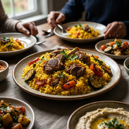 Two people enjoy a cozy, shared meal featuring a large platter of lamb and saffron rice with roasted vegetables, set on a rustic wooden table by a window.の素材