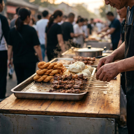 An elderly vendor prepares traditional meat skewers at his bustling street food stall, bathed in the warm glow of the setting sun.の素材
