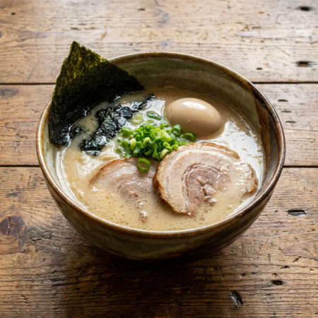 A steaming bowl of authentic Japanese tonkotsu ramen in a rustic ceramic bowl on a weathered wooden table, topped with chashu pork, ajitama egg, and scallions.の素材