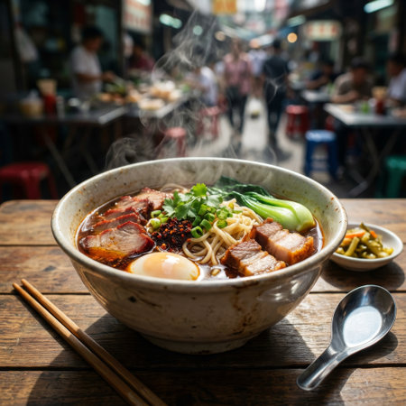 A close-up of a steaming bowl of authentic pork ramen on a rustic wooden table. The bustling, out-of-focus Asian street market in the background creates a vibrant atmosphere.の素材