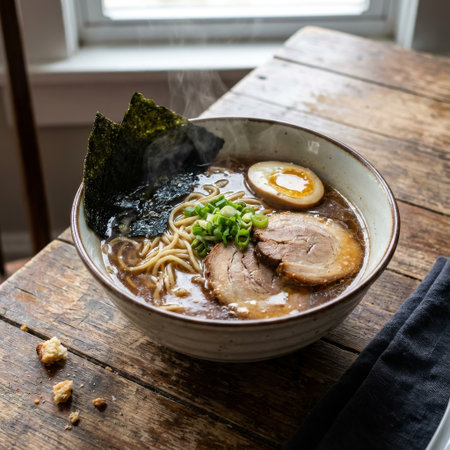 A steaming bowl of authentic Japanese ramen with chashu pork, soft-boiled egg, and nori sits on a rustic wooden table, bathed in soft natural light from a nearby window.の素材