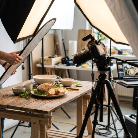 Behind the scenes of a professional food photoshoot, an assistant uses a reflector to light a rustic bread scene on a wooden table for a tethered camera.の素材