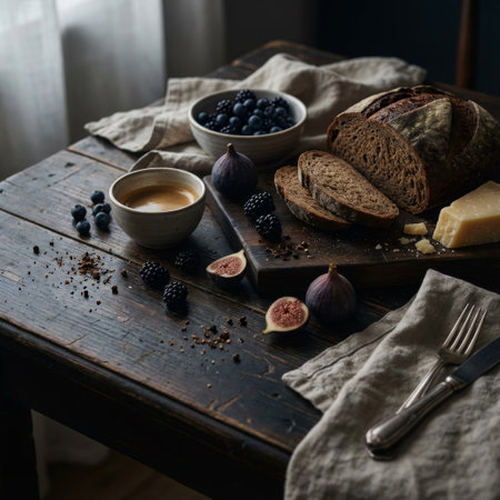 A moody, artistic still life of a rustic breakfast on a dark wood table, bathed in soft window light. Features sourdough bread, cheese, figs, berries, and fresh coffee.の素材