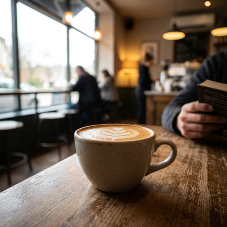 A beautifully crafted latte with foam art sits on a rustic wood table, the focus of a cozy cafe scene. In the soft background, a person enjoys a book by a bright window.の素材