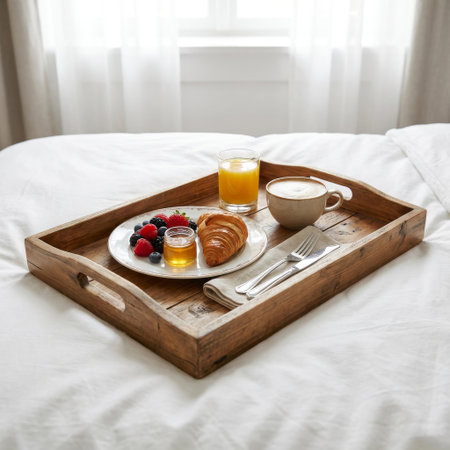 A luxurious breakfast in bed on a rustic wooden tray, featuring a croissant, fresh berries, coffee, and juice on crisp white linens in a bright, serene bedroom.の素材