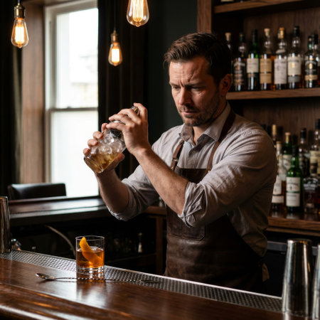 A focused bartender in a leather apron shakes a cocktail with precision in a dimly lit, upscale bar, illuminated by warm, vintage light bulbs.の素材