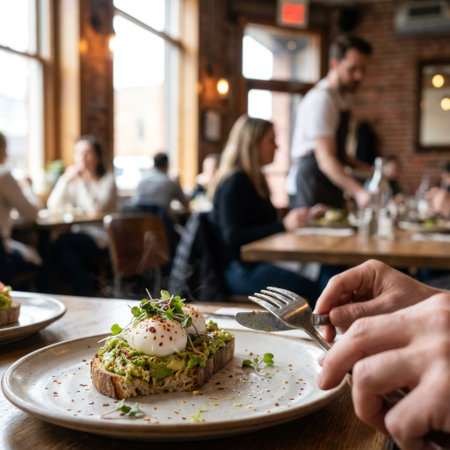 A person's hands hold a knife and fork, ready to cut into delicious avocado toast with poached eggs in a bustling, sunlit restaurant with a warm, rustic ambiance.の素材