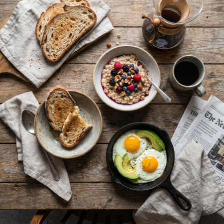 A wholesome breakfast spread on a rustic wood table, featuring cast iron eggs with avocado, berry oatmeal, sourdough toast, and pour-over coffee for a cozy, slow morning.の素材
