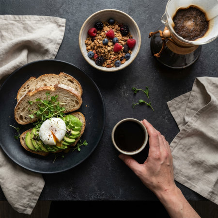A person enjoys a wholesome breakfast from a top-down view. The meal includes avocado toast with a poached egg, berry granola, and fresh pour-over coffee on a dark slate table.の素材