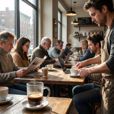 A barista serves a steaming coffee to a customer in a bustling urban cafe filled with natural light. Patrons read and work, creating a warm, everyday community atmosphere.の素材