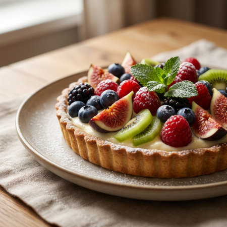 A beautiful homemade fruit tart on a rustic plate, topped with fresh figs, berries, kiwi, and mint. Dusted with powdered sugar, it sits in soft, natural window light.の素材