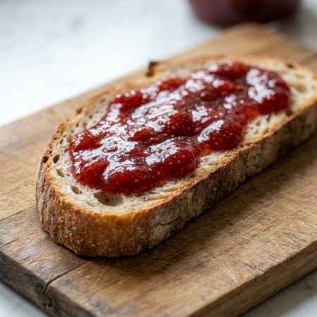 A single slice of crusty artisan bread is slathered with glistening strawberry jam, resting on a rustic wooden cutting board. A simple, wholesome, and appetizing breakfast.の素材