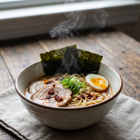 An inviting, steaming bowl of spicy pork ramen, garnished with a soft-boiled egg and scallions, sits on a rustic wood surface, bathed in soft, natural window light.の素材