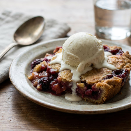 A delicious slice of warm, homemade berry pie topped with a melting scoop of vanilla bean ice cream. Served on a rustic stoneware plate on a wooden table for a cozy treat.の素材
