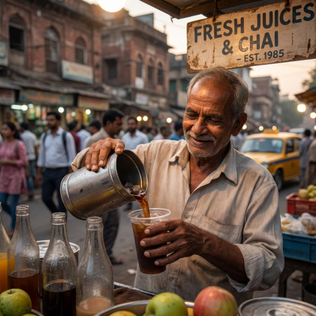 A kind-faced elderly Indian vendor smiles with pride while pouring a refreshing iced drink at his bustling street stall during a warm evening.の素材