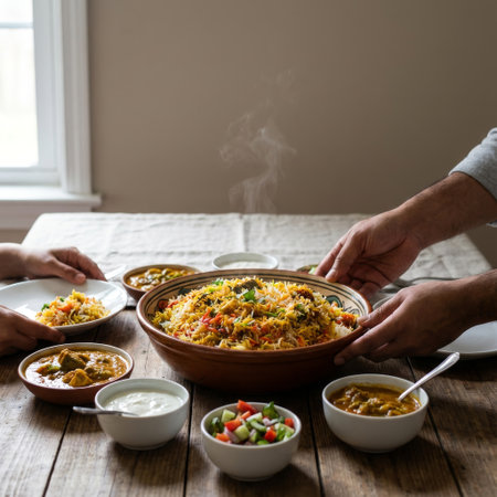 A family gathers around a rustic wooden table to share a steaming, aromatic bowl of biryani, served with curry, raita, and fresh salad in natural daylight.の素材