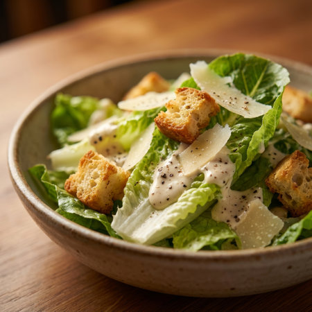 A delicious close-up of a classic Caesar salad in a rustic bowl on a wooden table. Crisp romaine, golden croutons, and parmesan shavings are coated in a creamy, peppery dressing.の素材