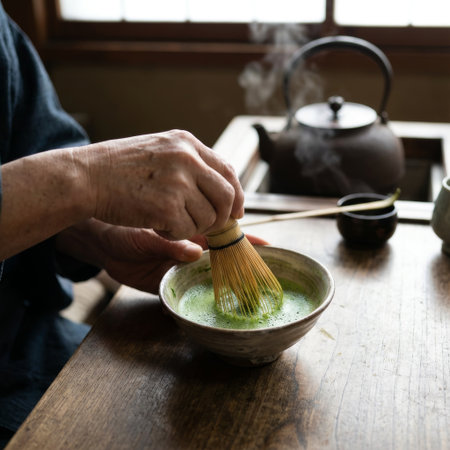 In a tranquil, naturally lit room, an elder's hands skillfully whisk vibrant green matcha, creating a delicate froth in a rustic bowl. A steaming kettle sits in the background.の素材