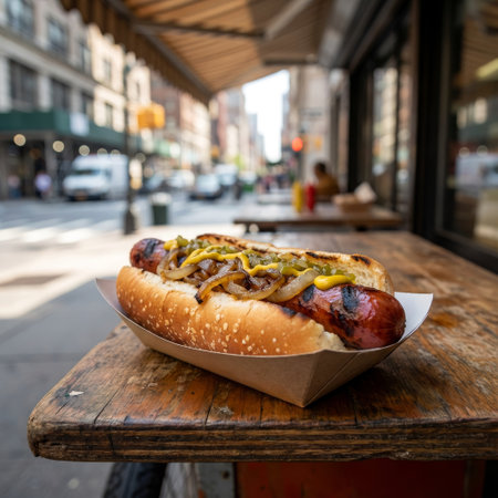 A close-up of a char-grilled hot dog on a rustic wooden table. Topped with onions and mustard, it sits against a blurred, sunlit city street, evoking an authentic urban lunch.の素材