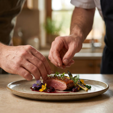 In a softly lit kitchen, a chef's experienced hands carefully place a final garnish on a perfectly cooked duck breast, showcasing culinary precision and artistry.の素材