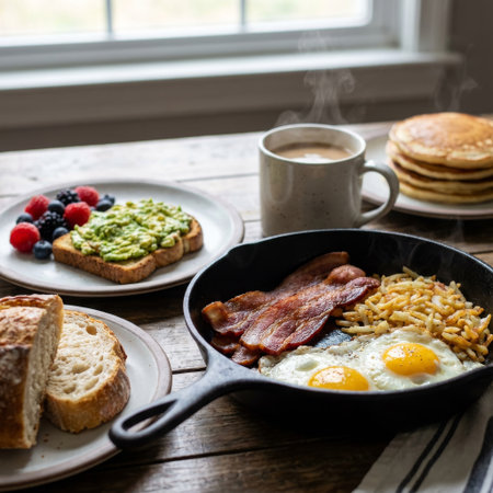 A cozy weekend brunch on a rustic wooden table, featuring a hot cast iron skillet with eggs and bacon, avocado toast, pancakes, and steaming coffee.の素材