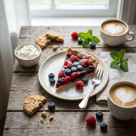 An inviting still life featuring a vibrant berry tart, creamy cappuccinos with heart art, and cookies on a weathered wood surface, evoking a sense of cozy indulgence.の素材
