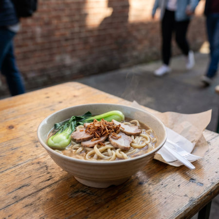 A steaming bowl of pork noodle soup rests on a rustic wooden table outdoors. The shallow depth of field highlights the dish against a blurred, sunlit city street scene.の素材