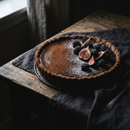 A decadent chocolate tart with fresh figs and blackberries rests on a rustic wooden table, bathed in soft window light. This moody still life captures the rich textures.の素材