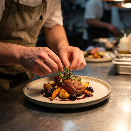A professional chef meticulously adds the final garnish of fresh microgreens to a gourmet dish of seared duck breast with roasted vegetables and a rich blackberry sauce.の素材