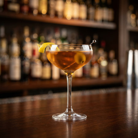 An elegant amber cocktail in a coupe glass sits on a polished wood bar. Garnished with a lemon twist and olive, the background is a warm, blurry speakeasy.の素材