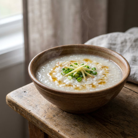 Hot, nourishing rice porridge with fresh toppings in an earthenware bowl. Soft window light creates a cozy, comforting, and homely atmosphere.の素材