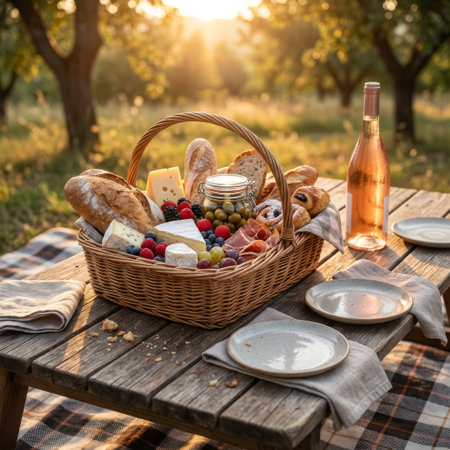 A picturesque picnic scene at golden hour. A wicker basket brims with artisan foods and a bottle of rose wine sits on a rustic table, creating a perfect romantic escape.の素材
