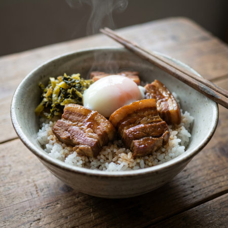 A close-up of a steaming, hot bowl of Japanese braised pork belly (Buta Kakuni) over rice, topped with a soft onsen egg and pickled greens on a rustic wooden table.の素材