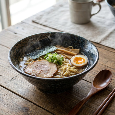 A hot, steaming bowl of authentic Japanese ramen with chashu pork, a soft-boiled egg, and nori, served on a rustic wooden table next to a window for a cozy meal.の素材