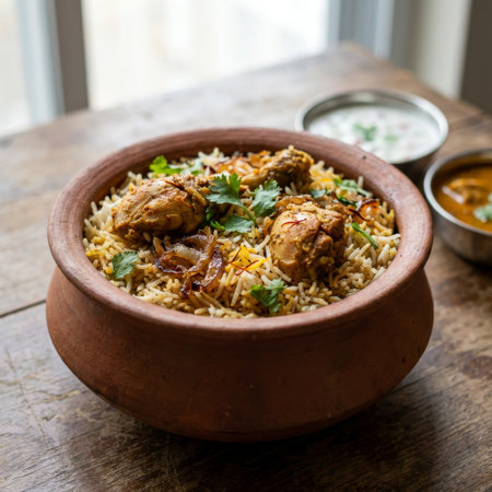 Close-up of authentic Indian chicken biryani in a clay handi, garnished with fresh herbs and saffron. Served with side dishes on a rustic wooden table with soft natural light.の素材
